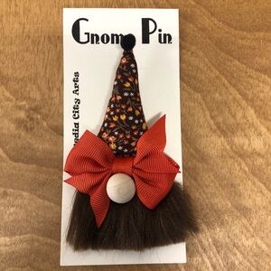 Fall-time Gnome Pin Brooch Handmade Gift Guide Bow Magnetic Flowers Harvest Fun